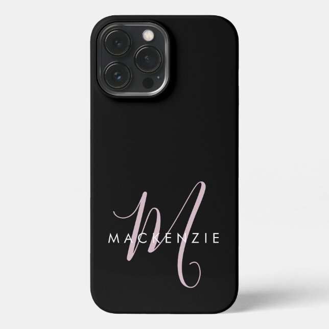 Elegant Modern Black Blush Pink Script Monogram iPhone Case (Back)