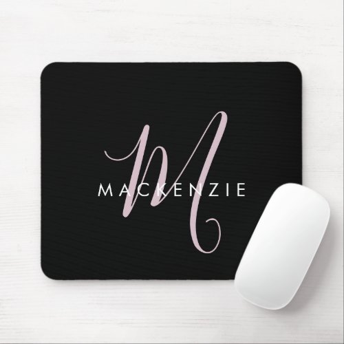 Elegant Modern Black Blush Pink Script Monogram Mouse Pad