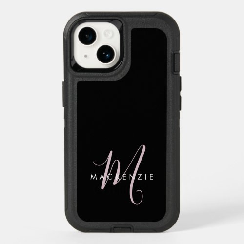 Elegant Modern Black Blush Pink Script Monogram OtterBox iPhone 14 Case