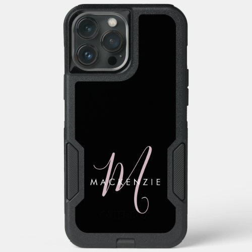 Elegant Modern Black Blush Pink Script Monogram iPhone 13 Pro Max Case