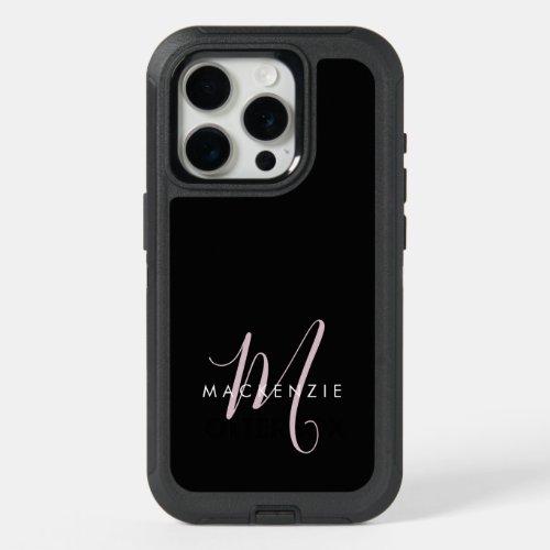 Elegant Modern Black Blush Pink Script Monogram iPhone 15 Pro Case