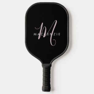 Elegant Modern Black Blush Pink Script Monogram Pickleball Paddle
