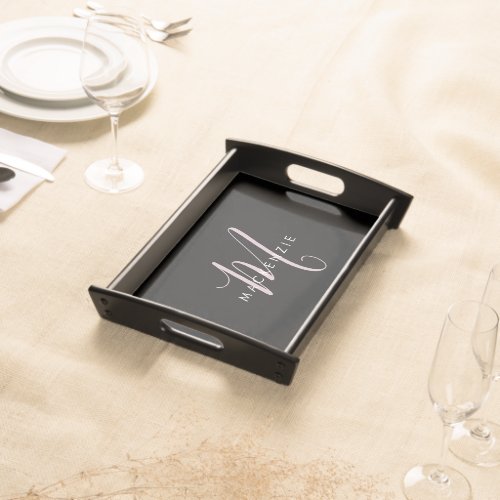 Elegant Modern Black Blush Pink Script Monogram Serving Tray