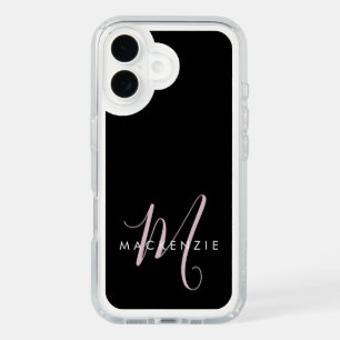 Elegant Modern Black Blush Pink Script Monogram iPhone 16 Case