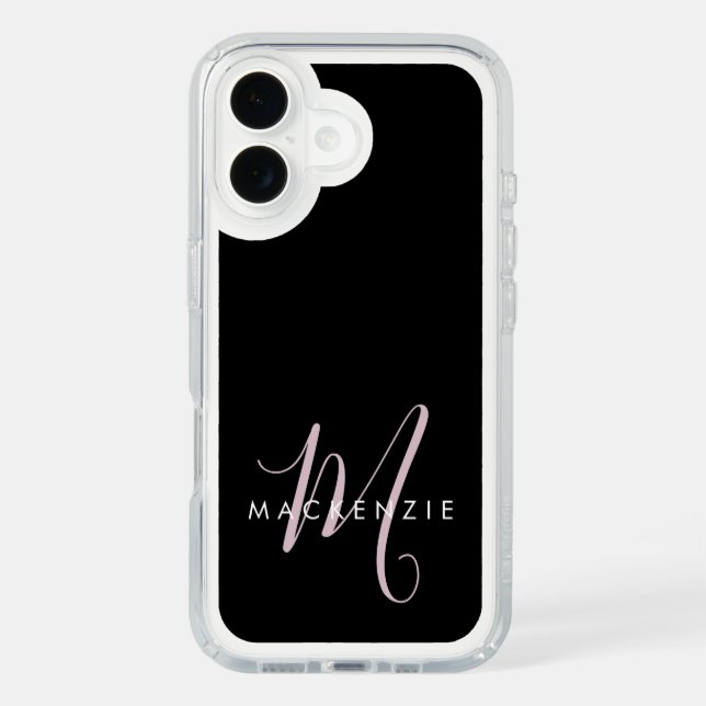 Elegant Modern Black Blush Pink Script Monogram Speck iPhone Case (Front)
