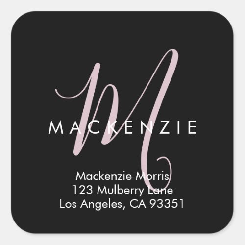 Elegant Modern Black Blush Pink Script Monogram Square Sticker