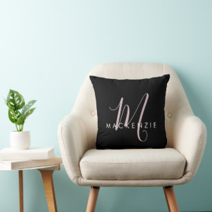 Elegant Modern Black Blush Pink Script Monogram Throw Pillow