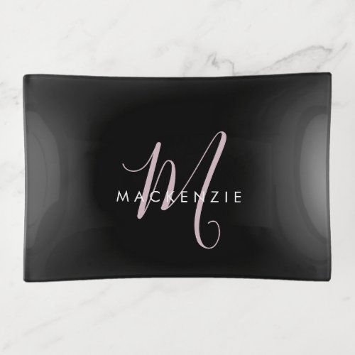 Elegant Modern Black Blush Pink Script Monogram Trinket Tray