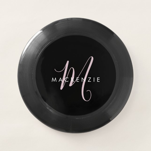 Elegant Modern Black Blush Pink Script Monogram Wham-O Frisbee (Front)