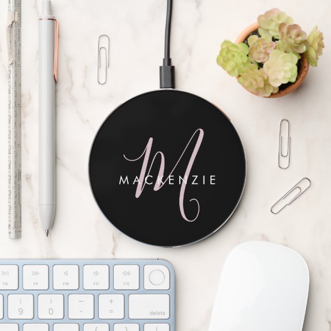 Elegant Modern Black Blush Pink Script Monogram Wireless Charger (Desk)