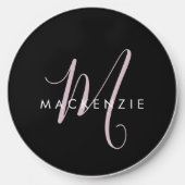 Elegant Modern Black Blush Pink Script Monogram Wireless Charger (Front)