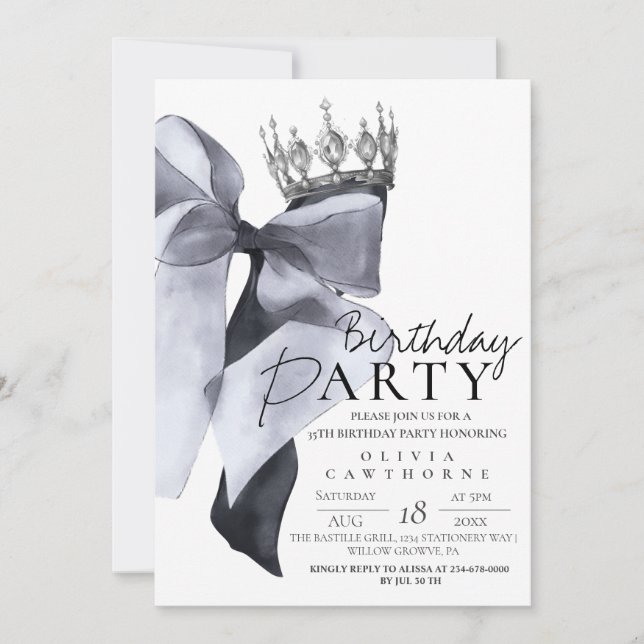 Elegant Modern Black Bow Birthday Party  Invitation (Front)