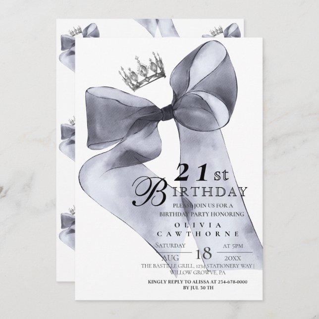 Elegant Modern Black Bow Birthday Party  Invitation (Front/Back)