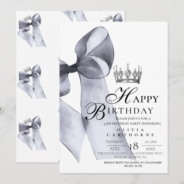 Elegant Modern Black Bow Crown Birthday Party  Invitation (Front/Back)