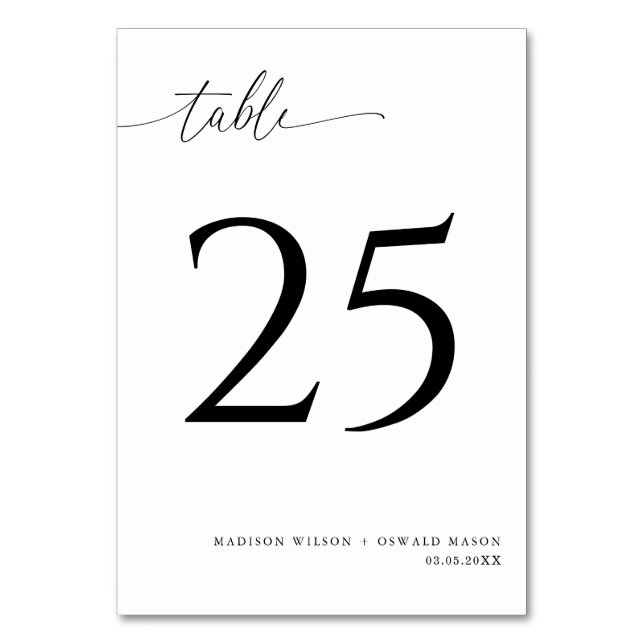 Elegant Modern Black Calligraphy Wedding 25 Table Number (Front)