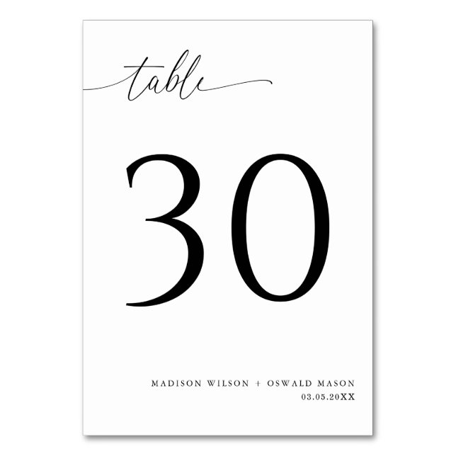 Elegant Modern Black Calligraphy Wedding 30 Table Number (Back)