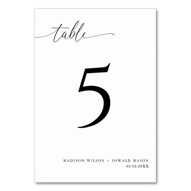 Elegant Modern Black Calligraphy Wedding 5 Table Number (Front)