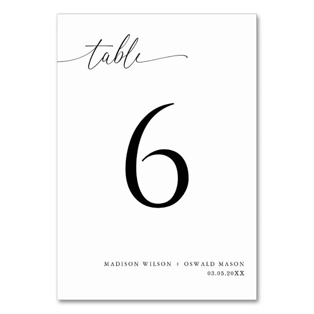 Elegant Modern Black Calligraphy Wedding 6 Table Number (Front)