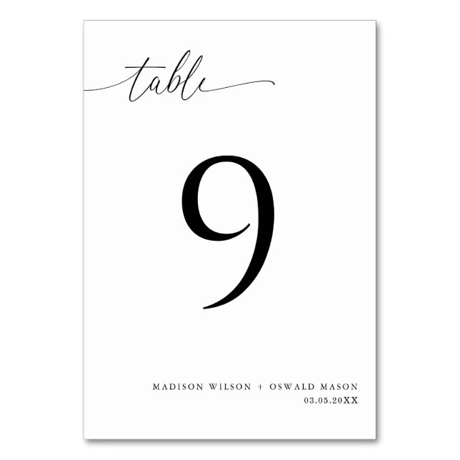 Elegant Modern Black Calligraphy Wedding 9 Table Number (Front)