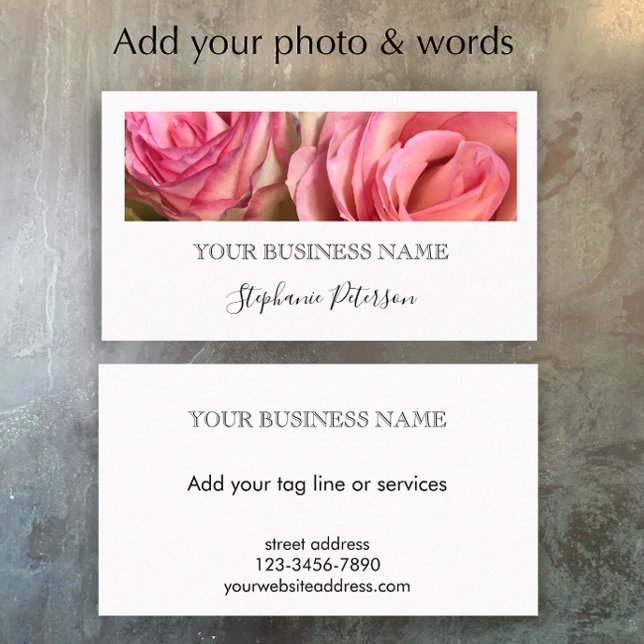 Elegant Modern Black Custom Floral Photo Template  Business Card (Customize this simple elegant business card template. Photo template black and white script.
)