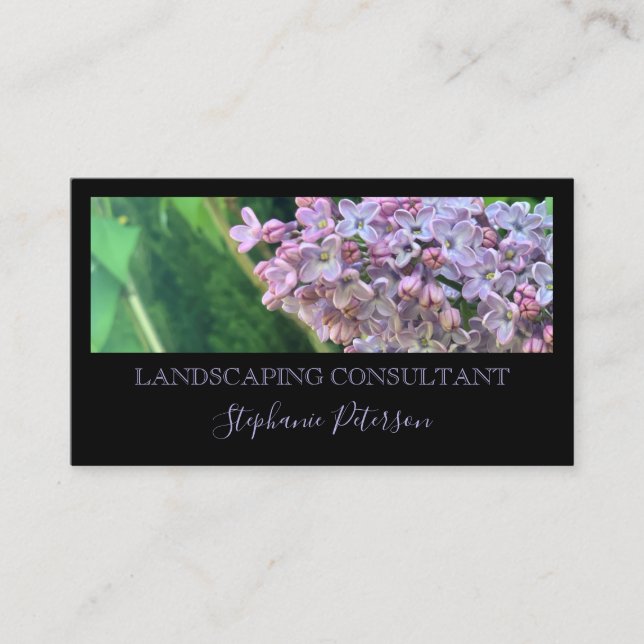 Elegant Modern Black Custom Photo Lilac Landscape  Business Card (Front)