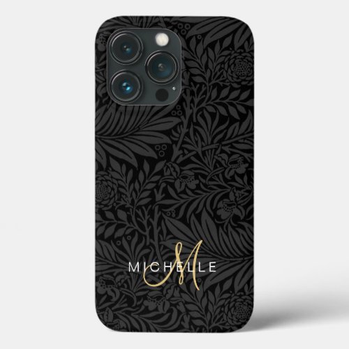 Elegant Modern Black Floral Botanical Monogram iPhone 13 Pro Case