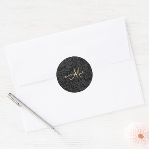 Elegant Modern Black Floral Botanical Monogram Classic Round Sticker