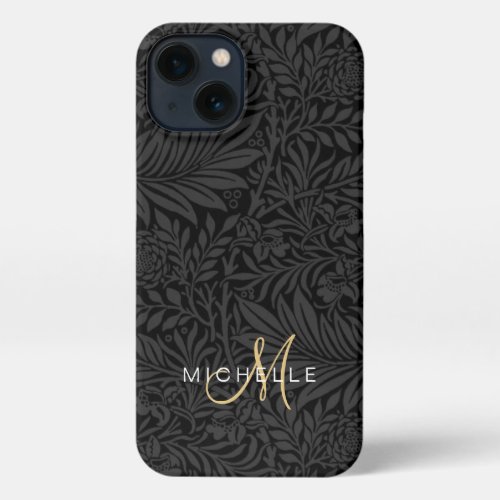 Elegant Modern Black Floral Botanical Monogram iPhone 13 Case