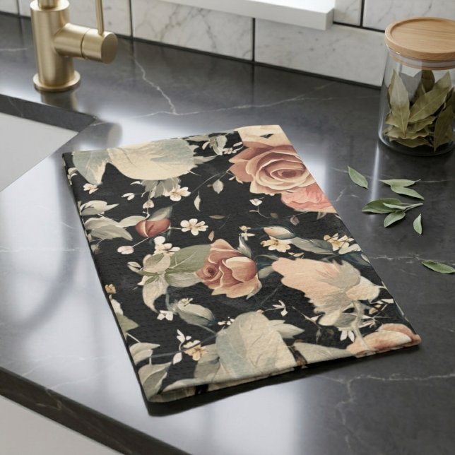 Elegant Modern Black Floral Pattern Kitchen Towel (Creator Uploaded)