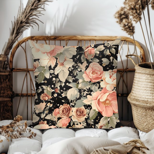 Elegant Modern Black Floral Pattern Throw Pillow (Creator Uploaded)