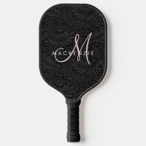 Elegant Modern Black Floral Pink Script Monogram Pickleball Paddle