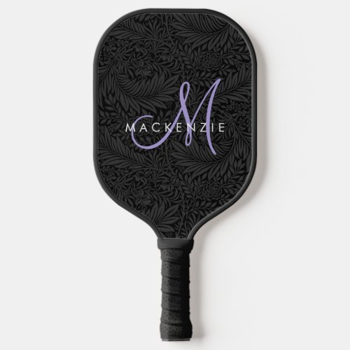 Elegant Modern Black Floral Purple Script Monogram Pickleball Paddle