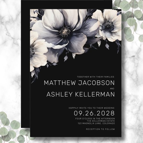 Elegant Modern Black Floral Wedding Invitation