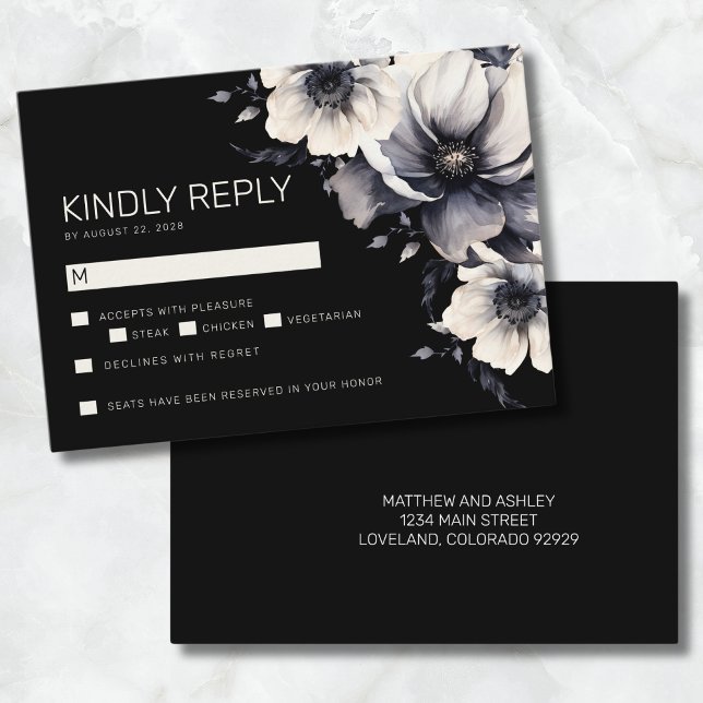 Elegant Modern Black Floral Wedding RSVP  Enclosure Card (Elegant Modern Black Floral Wedding Reply RSVP Enclosure Card)