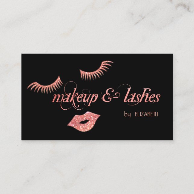 Elegant  Modern Black,Glitter Lips,Lashes,Makeup Business Card (Front)