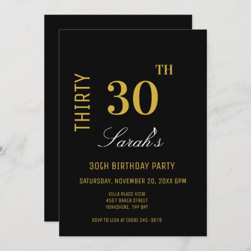 Elegant Modern Black  Gold 30th Birthday Party  Invitation