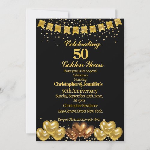 Elegant Modern BlackGold 50th Wedding Anniversary Invitation