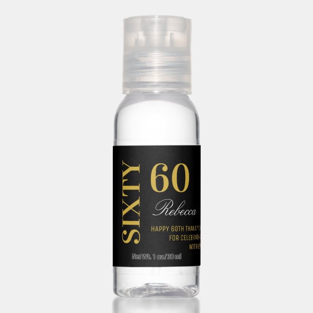 Elegant Modern Black & Gold 60 Birthday Party  Hand Sanitizer (Front)