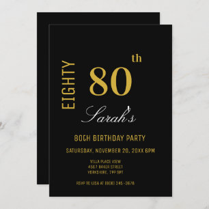 Elegant Modern Black & Gold 80th Birthday  Invitation