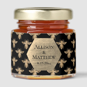 Elegant Modern Black Gold Bee Wedding Honey Jar Favors