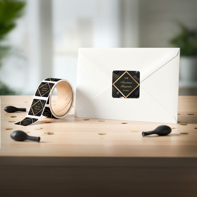 Elegant Modern Black Gold Birthday Party Square Sticker (Elegant Modern Black Gold Birthday Party Square Sticker celeebrate your birthday in style. )