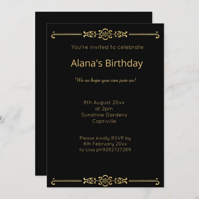 ELEGANT MODERN BLACK GOLD BORDER INVITATION (Front/Back)