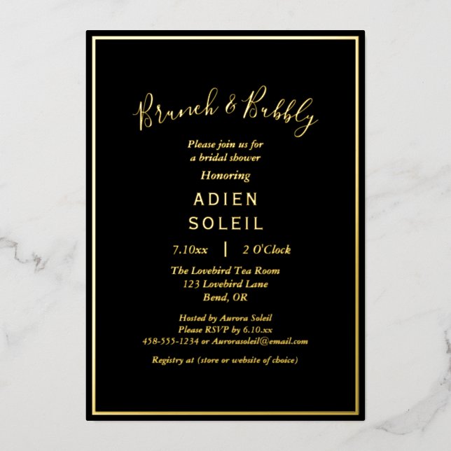 Elegant Modern Black Gold Bridal Brunch and Bubbly Foil Invitation (Front)