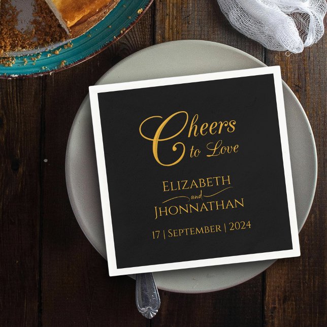 Elegant Modern Black & Gold Cheers Script Wedding Napkins (Creator Uploaded)