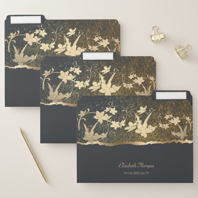 Elegant Modern Black Gold Confetti Flowers File Folder (Set)