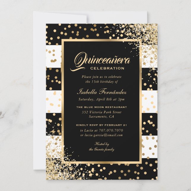 Elegant Modern Black Gold Confetti Quinceañera Invitation (Front)