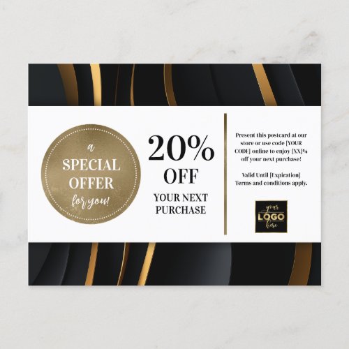 Elegant Modern Black Gold Coupon Discount  Postcard