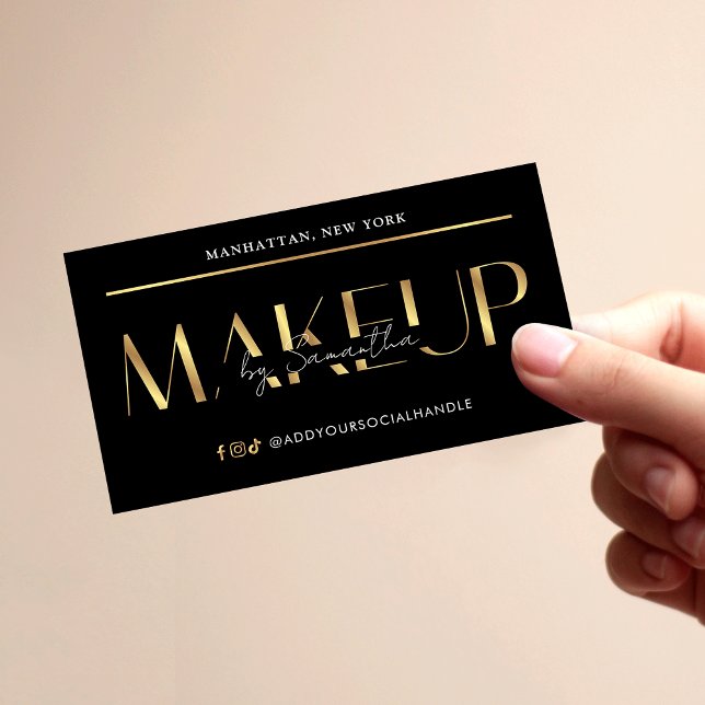 Elegant Modern Black & Gold Effect Makeup Artist Business Card (Create stylish business cards for your makeup studio using this elegant design)
