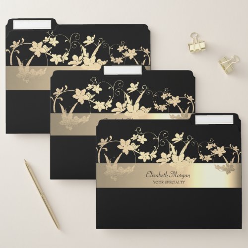 Elegant Modern Black Gold  Flowers File Folder