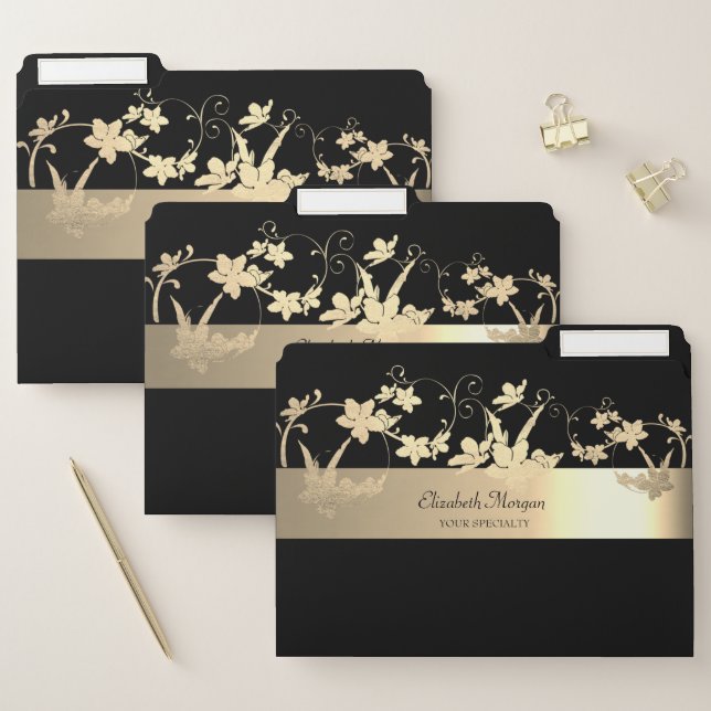 Elegant Modern Black Gold  Flowers File Folder (Set)